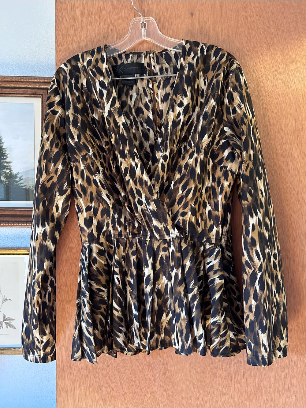 NWOT Kardashian Kollection Leopard Print Wrap Peplum Top - Black & Brown